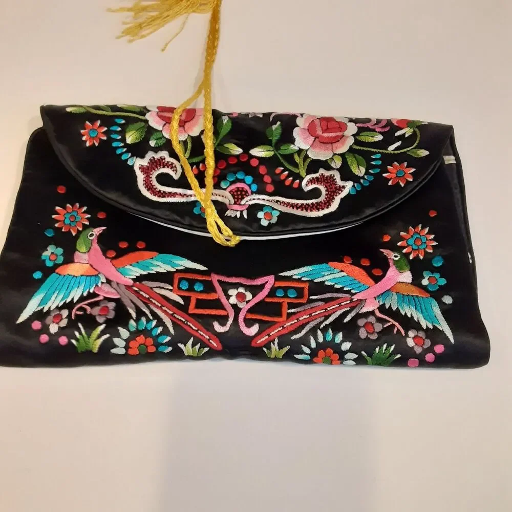 Vintage Asian Silk Embroidered Travel Jewelry Bag Artisan Colorful